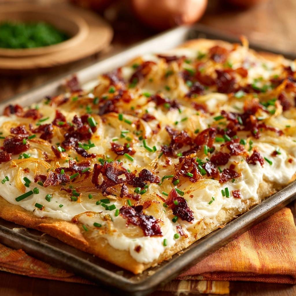 Kartoffel-Speck-Zwiebel-Blech, serviert auf einem Blech, mit knusprigem Speck und frischen Schnittlauch-Streuseln garniert.