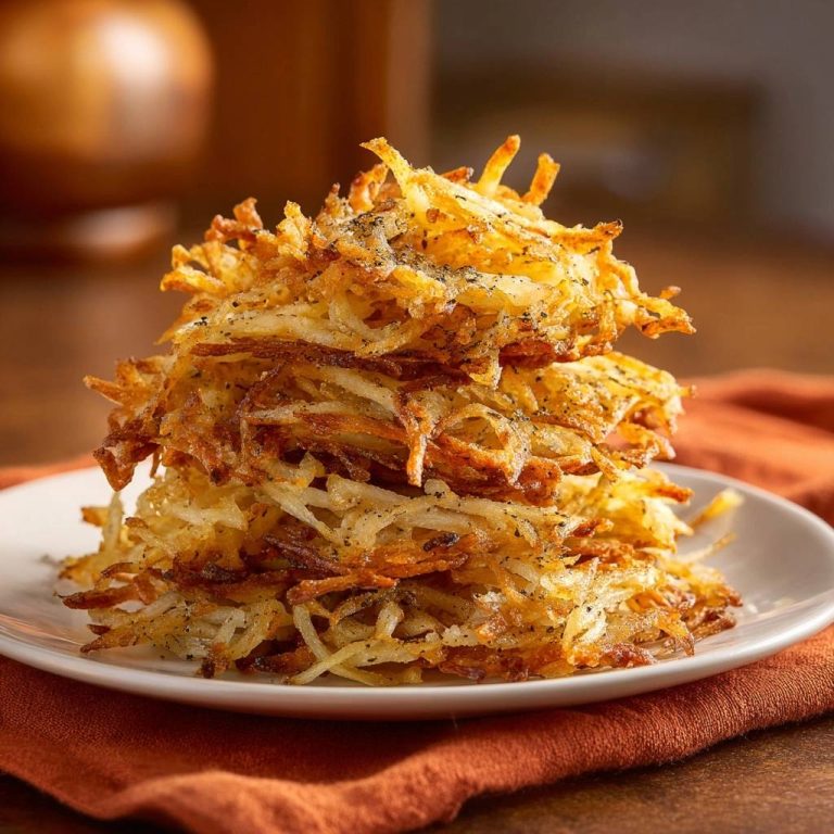 Knusprige Kartoffelpuffer als hoher Turm auf einer weißen Platte, Nahaufnahme der goldbraunen, frittierten Kartoffelstreifen.