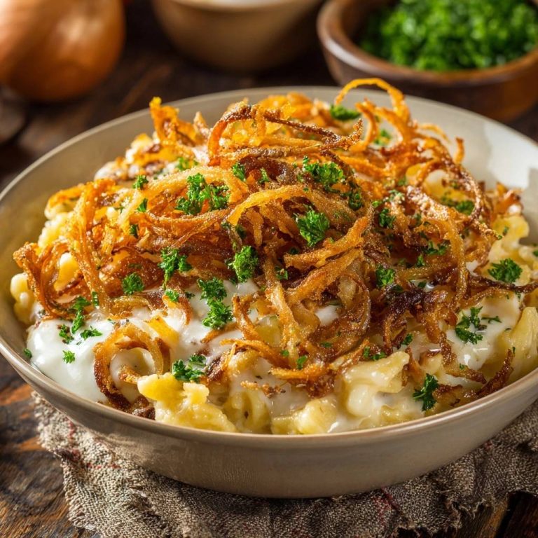 Käsespätzle mit knusprigen Zwiebeln, serviert in einer Schüssel, bedeckt mit knusprigen Zwiebeln und frischer Petersilie, aus der Vogelperspektive.