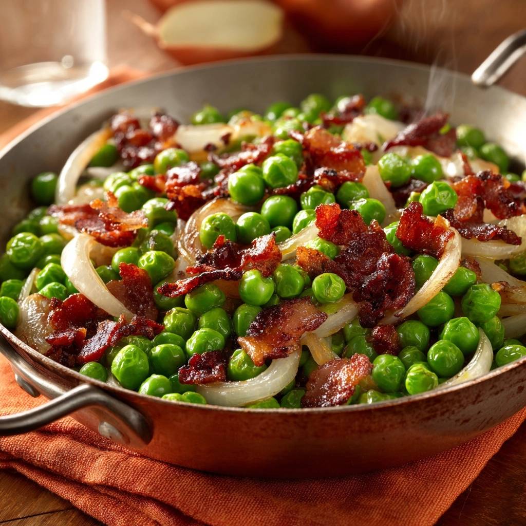 Knackige Erbsen mit Speck und Zwiebeln in einer Nahaufnahme, dampfend und serviert in einer Pfanne mit knusprigem Speck.