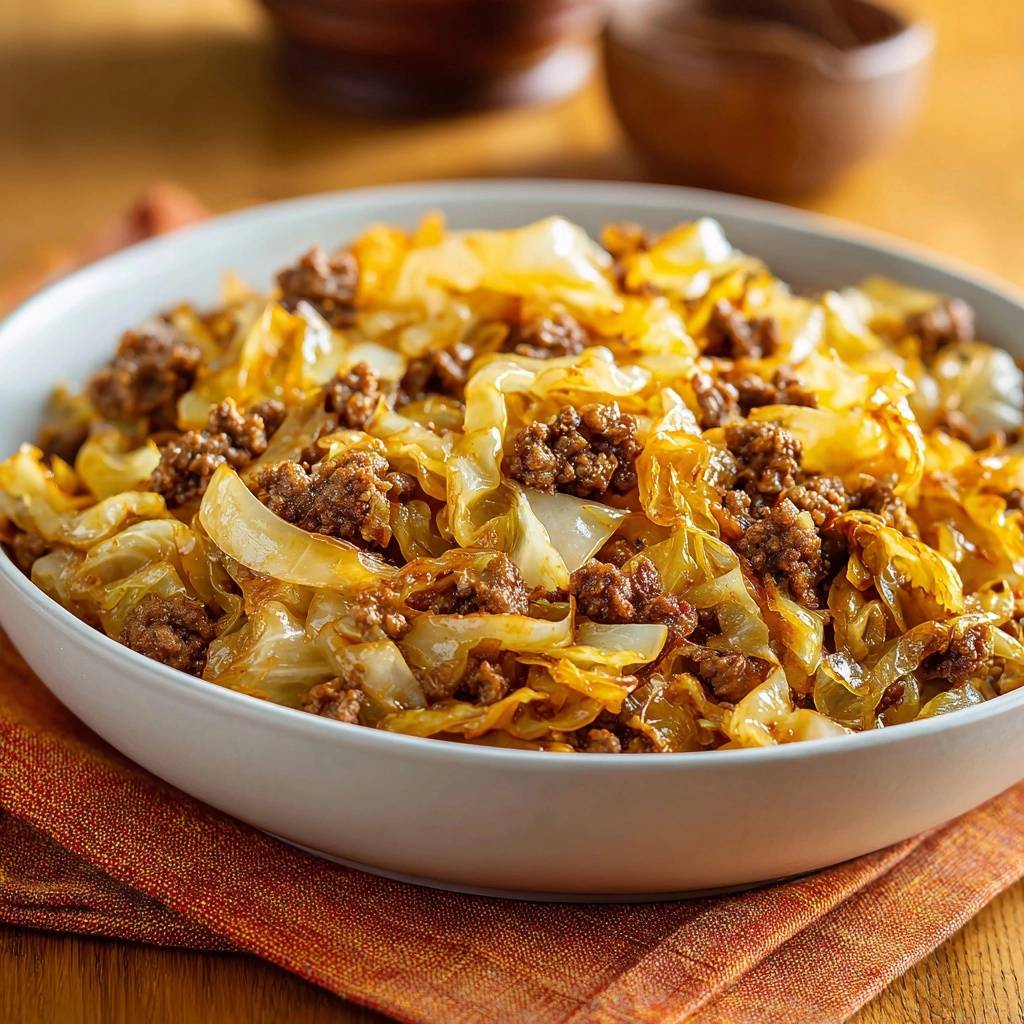 Knackiger Bratkohl mit Hackfleisch, serviert in einer weißen Schüssel auf einem rustikalen Holztisch. Das deftige Gericht ist appetitlich angerichtet.