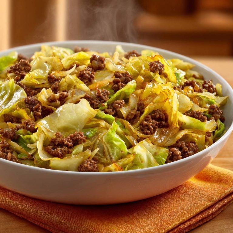 Knackiger Bratkohl mit Hackfleisch, serviert in einer weißen Schüssel, dampft frisch. Das herzhafte Gericht ist auf einem orangefarbenen Tischtuch platziert.