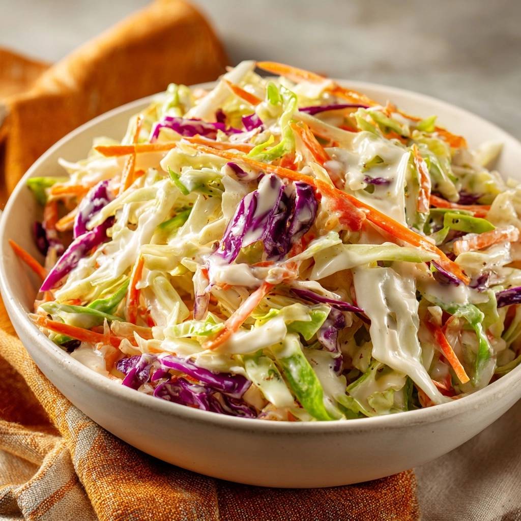 Knackiger Bunter Coleslaw in einer Schüssel aus nächster Nähe betrachtet, mit frischem, buntem Gemüse und cremiger Sauce.