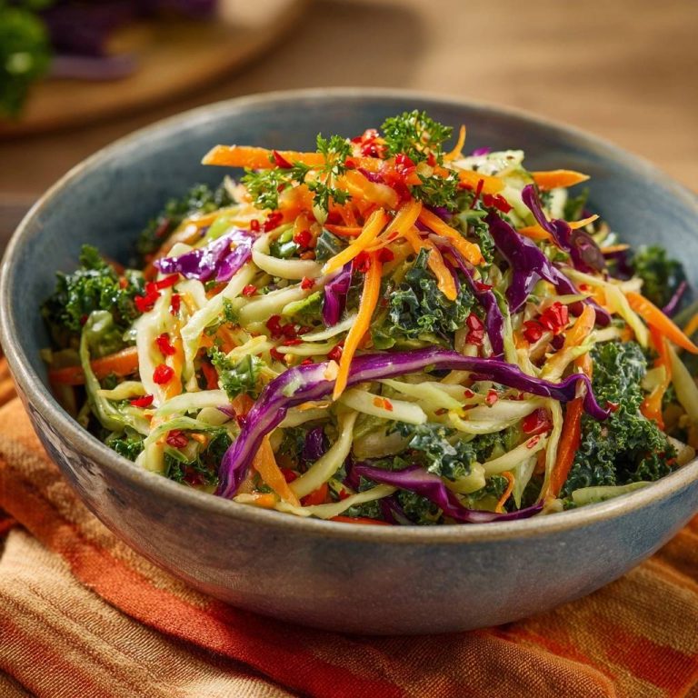 Knackiger Regenbogen-Krautsalat wird in einer blauen Schüssel serviert und mit frischen Kräutern und Chili-Flocken garniert.