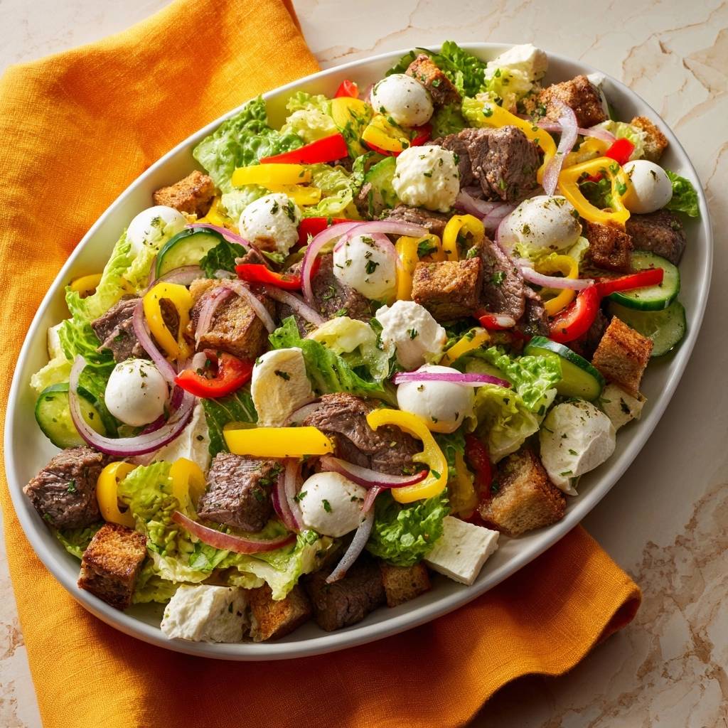 Knackiger Rindfleischsalat Mit Mozarella Von Oben 1 Knackiger Rindfleischsalat mit Mozzarella und Paprika, serviert auf einer weißen Platte, aus der Vogelperspektive fotografiert, mit frischem Gemüse.