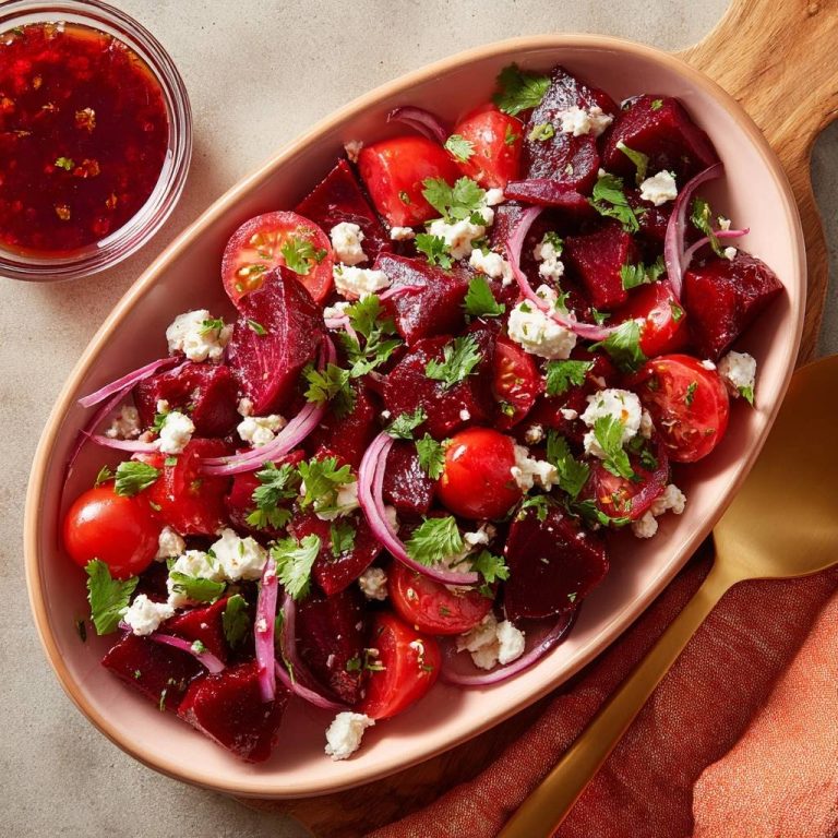 Knackiger Rote-Bete-Feta-Salat in einer ovalen Schale, serviert mit frischen Tomaten, Zwiebeln und Feta-Käse, von oben betrachtet.