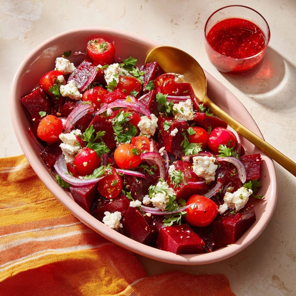 Knackiger Rote-Bete-Feta-Salat von oben: Eine farbenfrohe Draufsicht auf den Salat mit Rote Bete, Feta, Tomaten und Dressing.