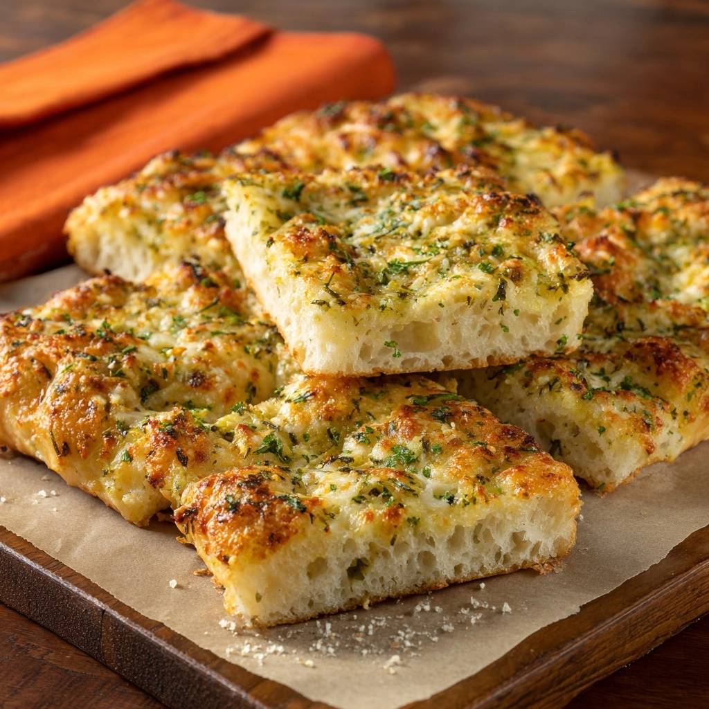 Knoblauch-Käse-Focaccia mit einem Anschnitt, der das luftige Innere und die knusprige Kruste zeigt, serviert auf einem Holzbrett.