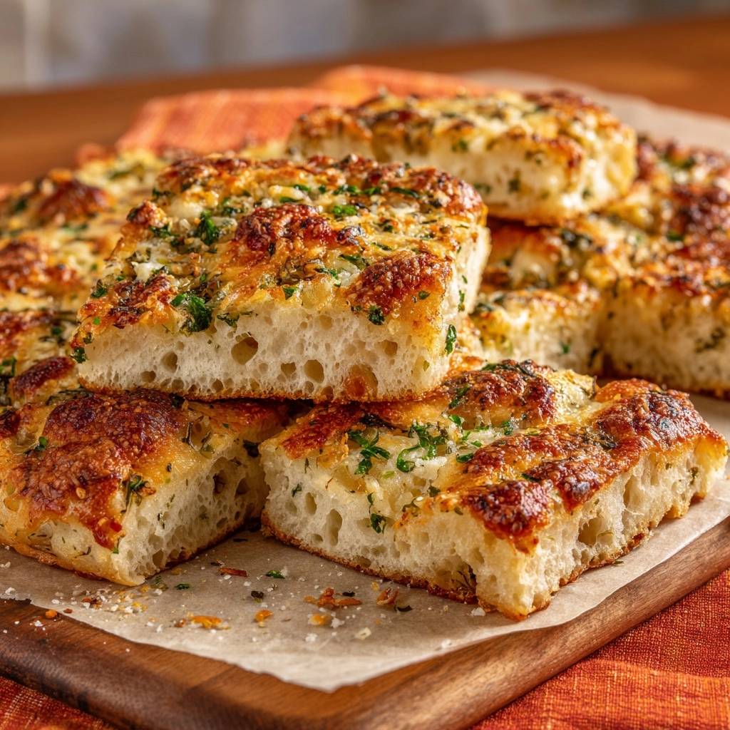 Knoblauch-Käse-Focaccia zeigt hier eine Nahaufnahme des saftigen Innenlebens, das durch die grossen Luftblasen besonders hervorsticht.