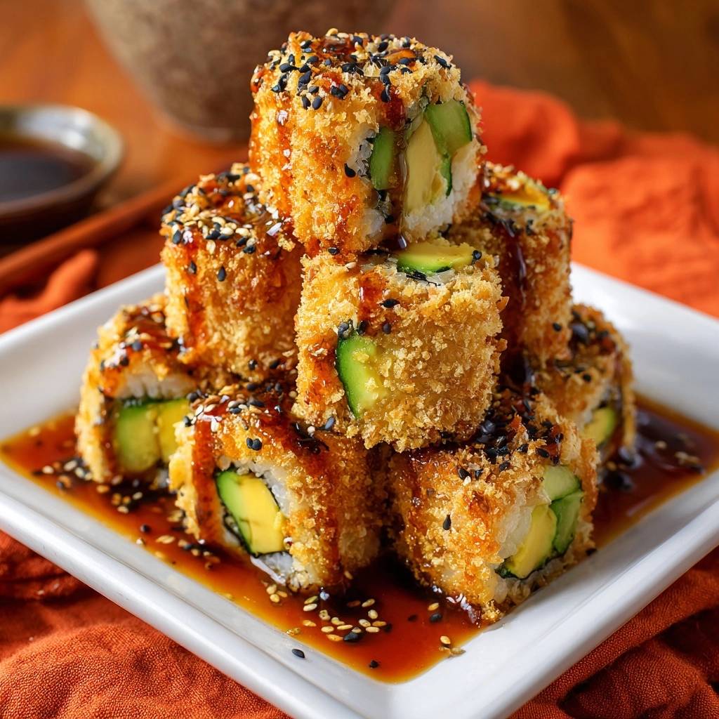 Knusprige Avocado Tempura Rolls serviert auf einem weißen Teller, garniert mit Sesam und Soße. Dieses Gericht ist ein echter Genuss für Sushi-Liebhaber.
