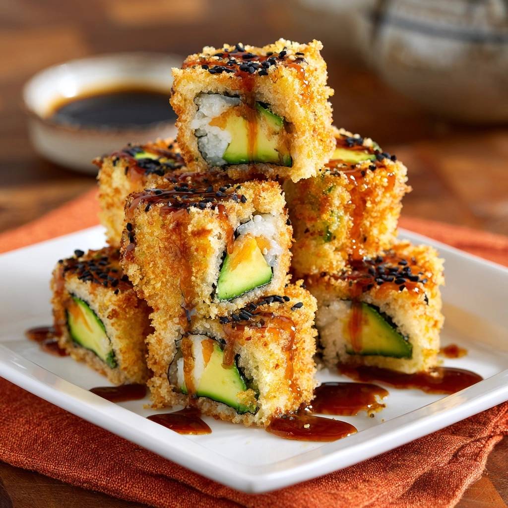 Knusprige Avocado Tempura Rolls im Querschnitt, perfekt zubereitet und mit knuspriger Panade umhüllt, serviert auf einem weißen Teller.