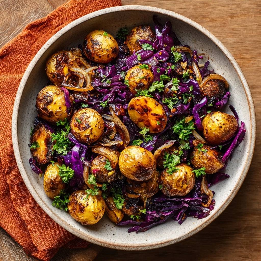 Knusprige Babykartoffeln Mit Rotkohl Draufsicht 1 Knusprige Babykartoffeln mit Rotkohl, serviert in einer Schüssel, präsentiert eine appetitliche Draufsicht auf das Gericht mit frischer Petersilie.