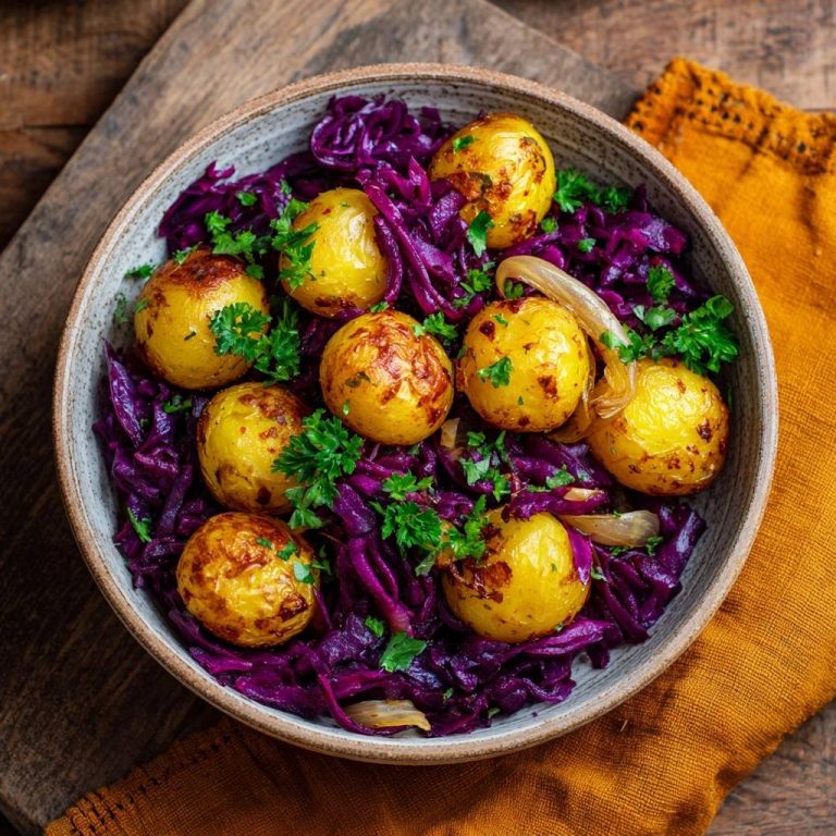 Knusprige Babykartoffeln mit Rotkohl, serviert in einer rustikalen Schüssel, von oben betrachtet, garniert mit frischer Petersilie.