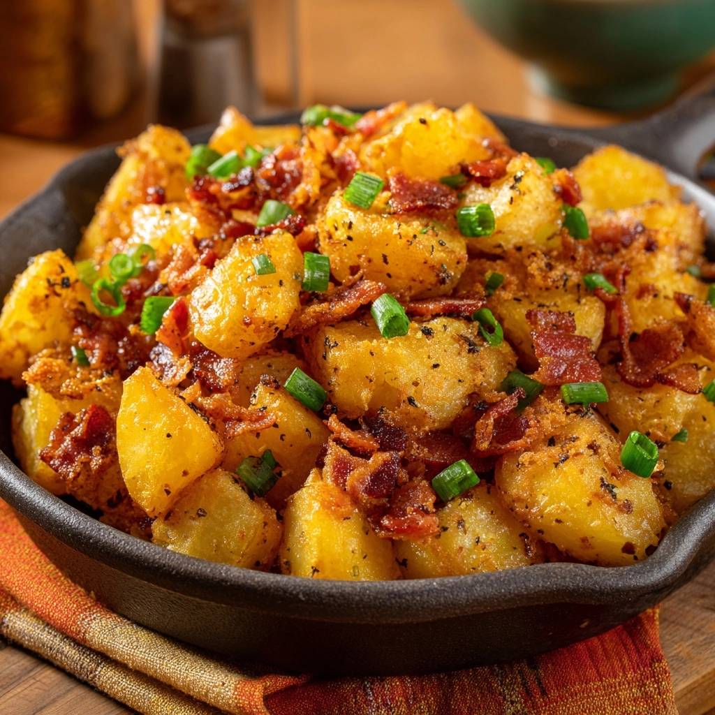 Knusprige Bratkartoffeln mit Bacon & Frühlingszwiebeln in einer Nahaufnahme, serviert in einer gusseisernen Pfanne mit knusprigem Speck und frischen Kräutern.