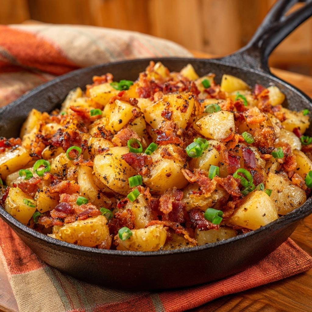 Knusprige Bratkartoffeln mit Bacon und Frühlingszwiebeln in einer gusseisernen Pfanne, garniert mit frischen Kräutern und Speck.