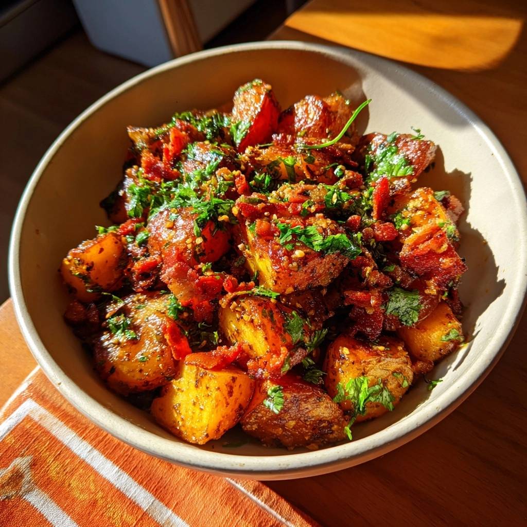 Knusprige Bratkartoffeln Mit Speck Serviert 1 2 Knusprige Bratkartoffeln mit Speck werden in einer Schüssel serviert und mit frischer Petersilie und Speckstückchen garniert.