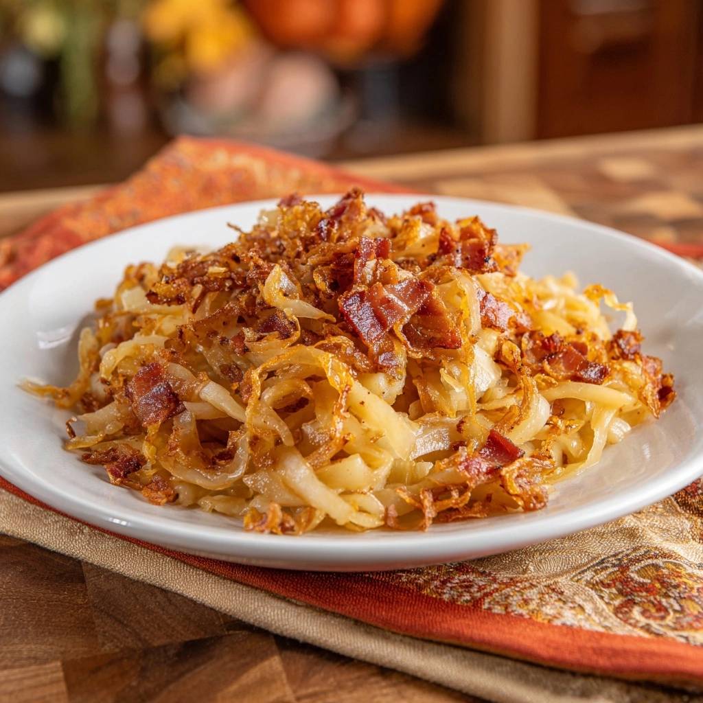 Knusprige Bratkartoffeln Mit Speck Serviert 1 Knusprige Bratkartoffeln mit Speck serviert auf einem weißen Teller, garniert mit knusprigem Speck und Zwiebeln. Diese herzhafte Mahlzeit ist perfekt für ein sättigendes Abendessen.