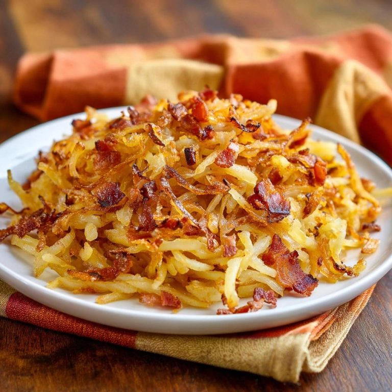 Knusprige Bratkartoffeln mit Speck, serviert auf einem weißen Teller, sind goldbraun gebraten und mit knusprigem Speck belegt.