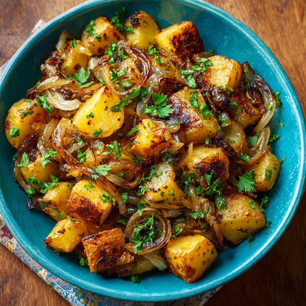 Knusprige Bratkartoffeln Mit Zwiebeln Draufsicht 1 Knusprige Bratkartoffeln mit Zwiebeln, serviert in einer blauen Schüssel, von oben betrachtet. Die goldbraunen Kartoffeln sind mit frischer Petersilie garniert.