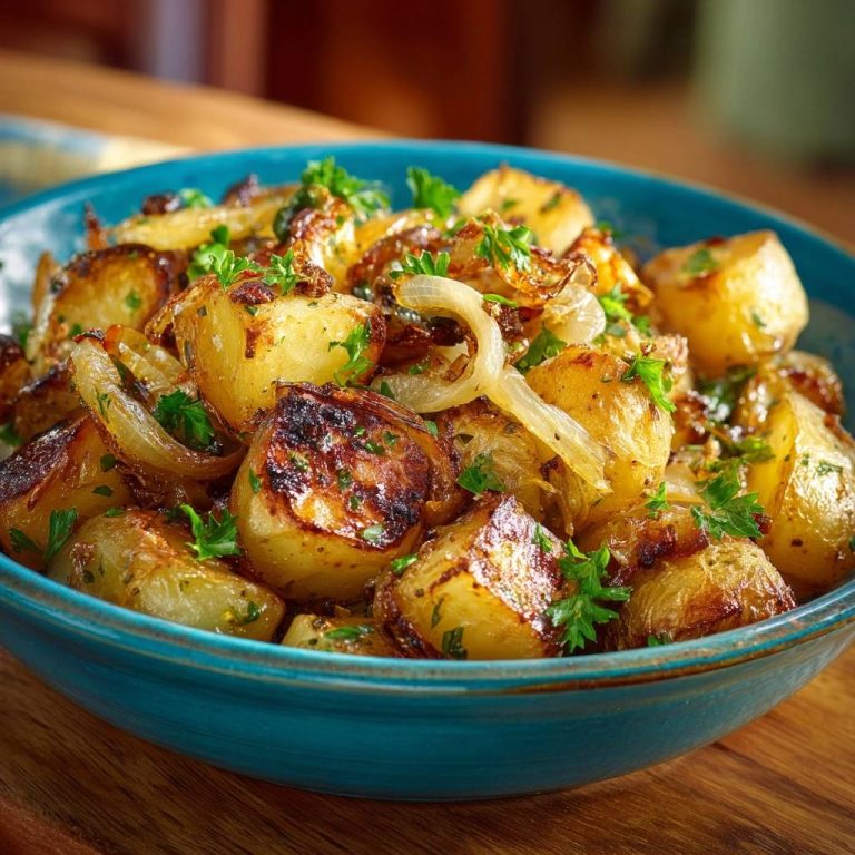 Knusprige Bratkartoffeln mit Zwiebeln in Nahaufnahme, garniert mit frischer Petersilie und perfekt gebräunt, serviert in einer blauen Schüssel.