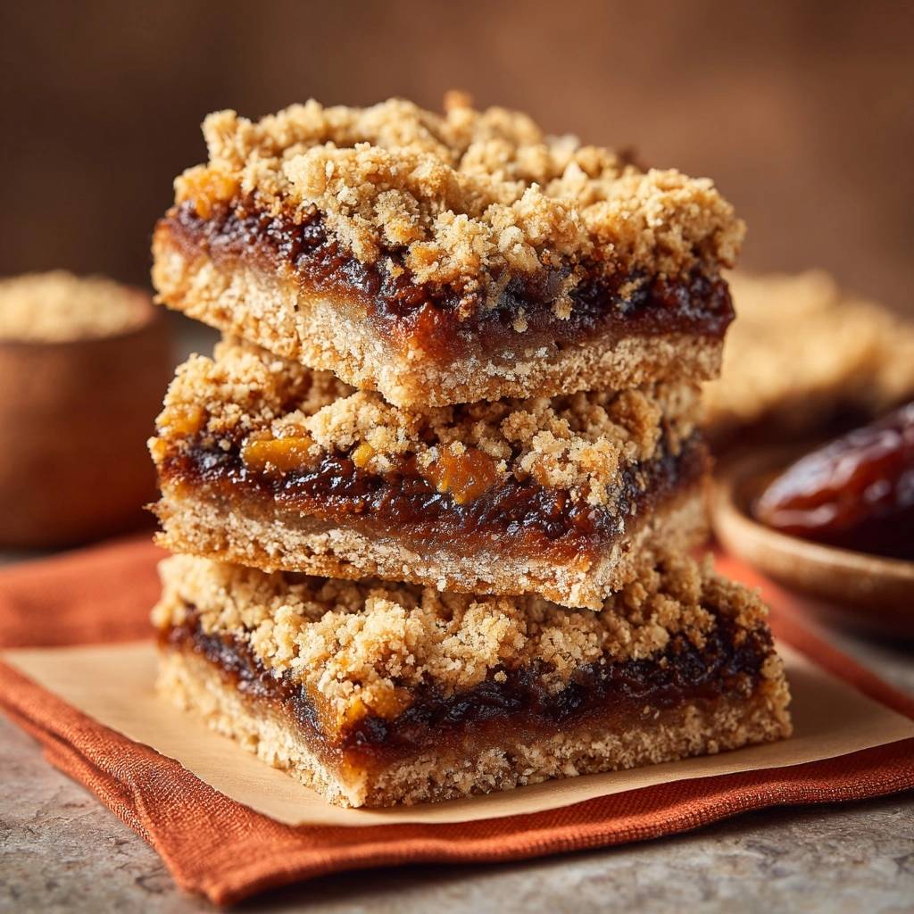 Knusprige Dattel-Streusel-Schnitten zeigen hier einen köstlichen Querschnitt, der die fruchtige Füllung und den knusprigen Streuselbelag offenbart.