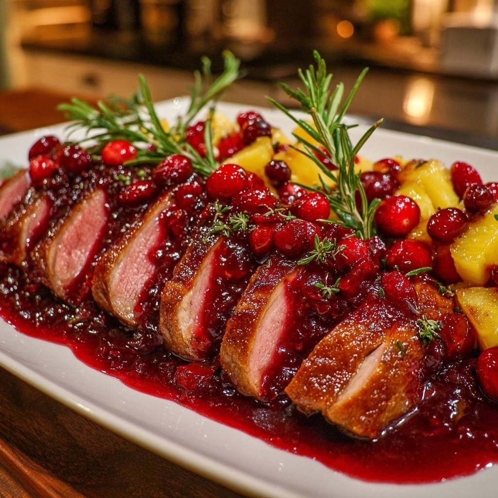 Knusprige Entenbrust Mit Cranberry Ananas Sauce Angeschnitte 1 Knusprige Entenbrust mit Cranberry-Ananas-Sauce, serviert und angeschnitten, präsentiert die saftige Innenseite des Entenfleischs.
