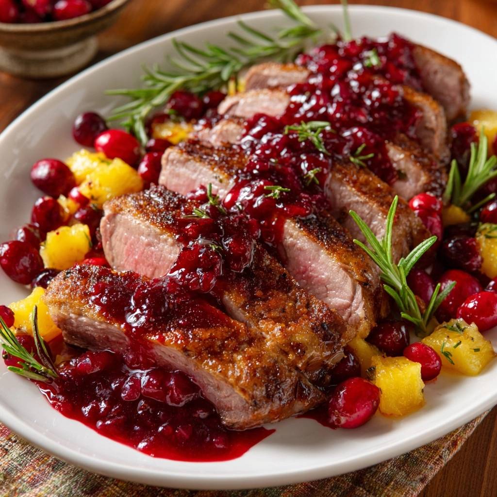 Knusprige Entenbrust mit Cranberry-Ananas-Sauce, serviert auf einem weißen Teller, garniert mit frischem Rosmarin und Cranberries.