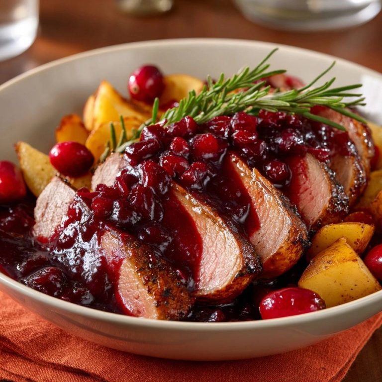 Knusprige Entenbrust mit Cranberry-Sauce, serviert mit Ofenkartoffeln, zeigt einen verlockenden Querschnitt der Entenbrust mit saftigem rosa Fleisch.