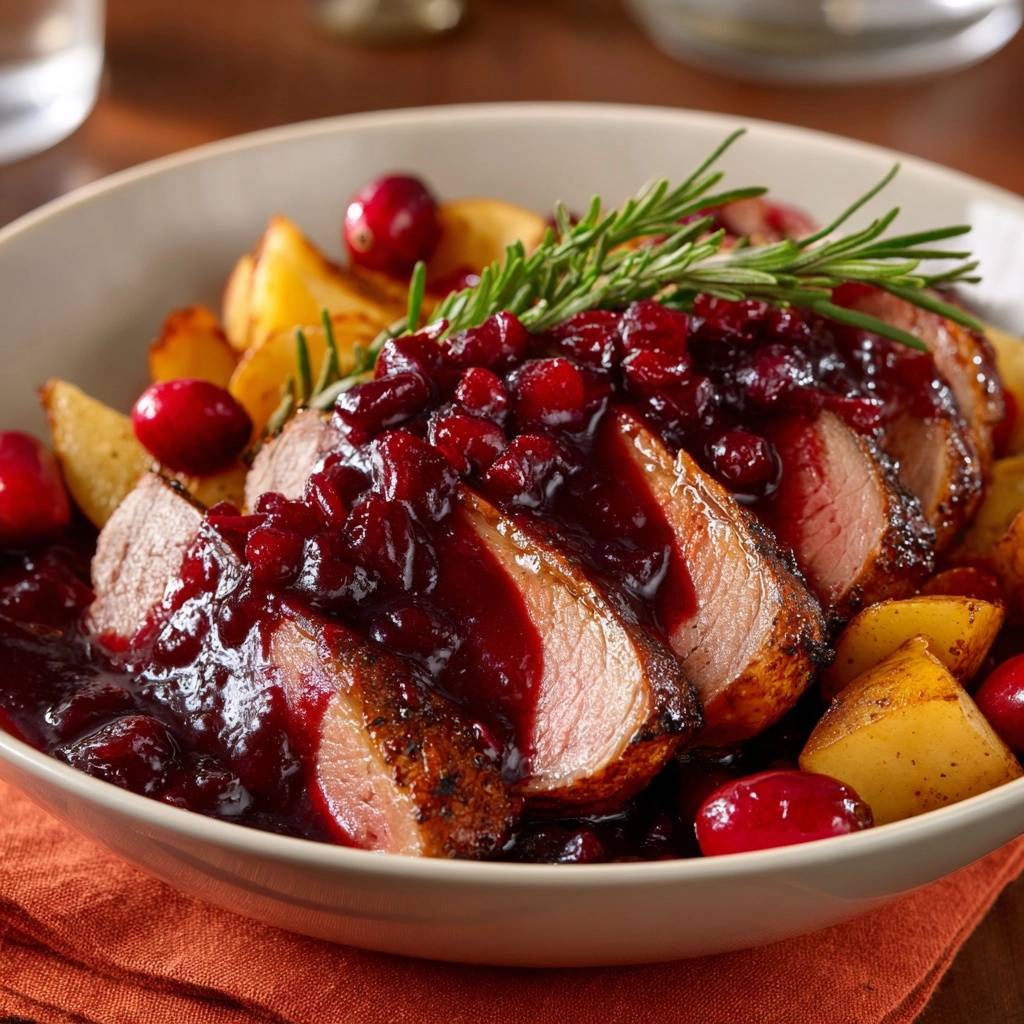 Knusprige Entenbrust mit Cranberry-Sauce, serviert mit Ofenkartoffeln, zeigt einen verlockenden Querschnitt der Entenbrust mit saftigem rosa Fleisch.