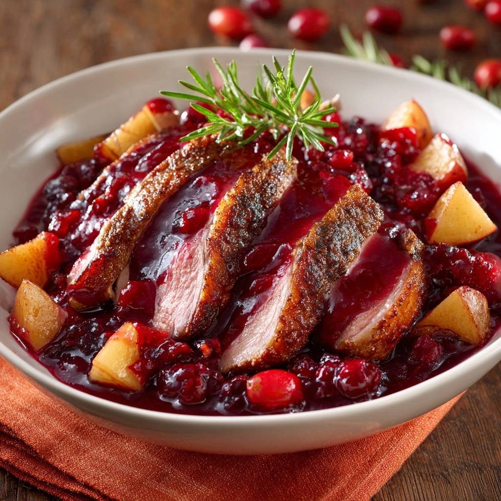 Knusprige Entenbrust mit Cranberry-Sauce, serviert in einer Schüssel, garniert mit Rosmarin und serviert mit Ofenkartoffeln und Cranberry-Sauce.