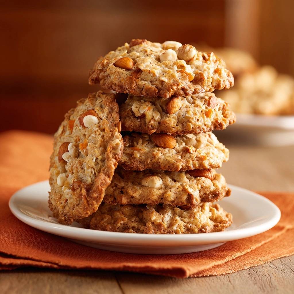 Knusprige Hafer Mandel Cookies Gestapelt 1 Knusprige Hafer-Mandel-Cookies, gestapelt auf einem Teller, zeigen die knusprige Textur und die Mandeln als Topping. Ein köstlicher Stapel selbstgebackener Kekse.