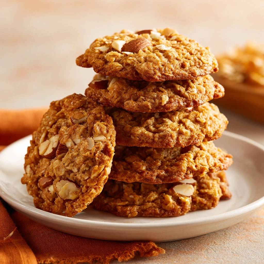 Knusprige Hafer-Mandel-Cookies sind hier gestapelt auf einem Teller zu sehen, mit Mandelstücken bestreut. Die frisch gebackenen Kekse sind appetitlich.