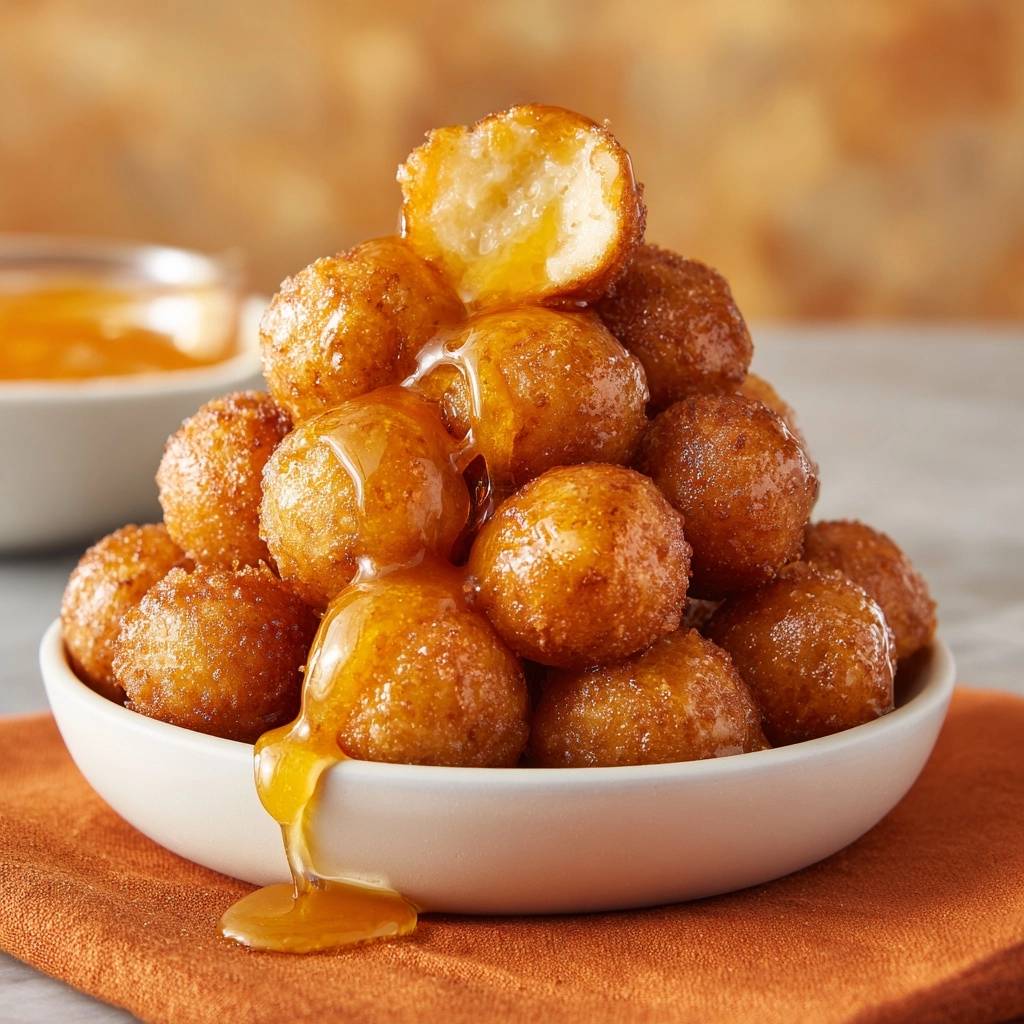 Knusprige Honig-Kartoffelbällchen mit einem angeschnittenen Ball, der das weiche Innere und den Honigfluss zeigt. Ein süßer Genuss.
