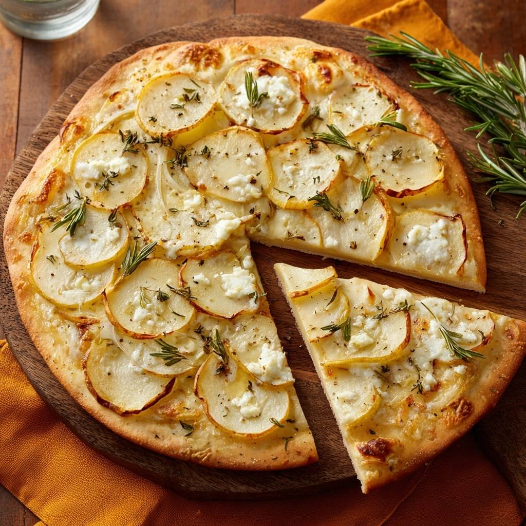 Knusprige Kartoffel Feta Pizza Mit Rosmarin Angeschnitten 1 Knusprige Kartoffel-Feta-Pizza mit Rosmarin: Eine von oben fotografierte Pizza, angeschnitten, mit frischen Kartoffelscheiben, Feta-Käse und duftendem Rosmarin belegt.