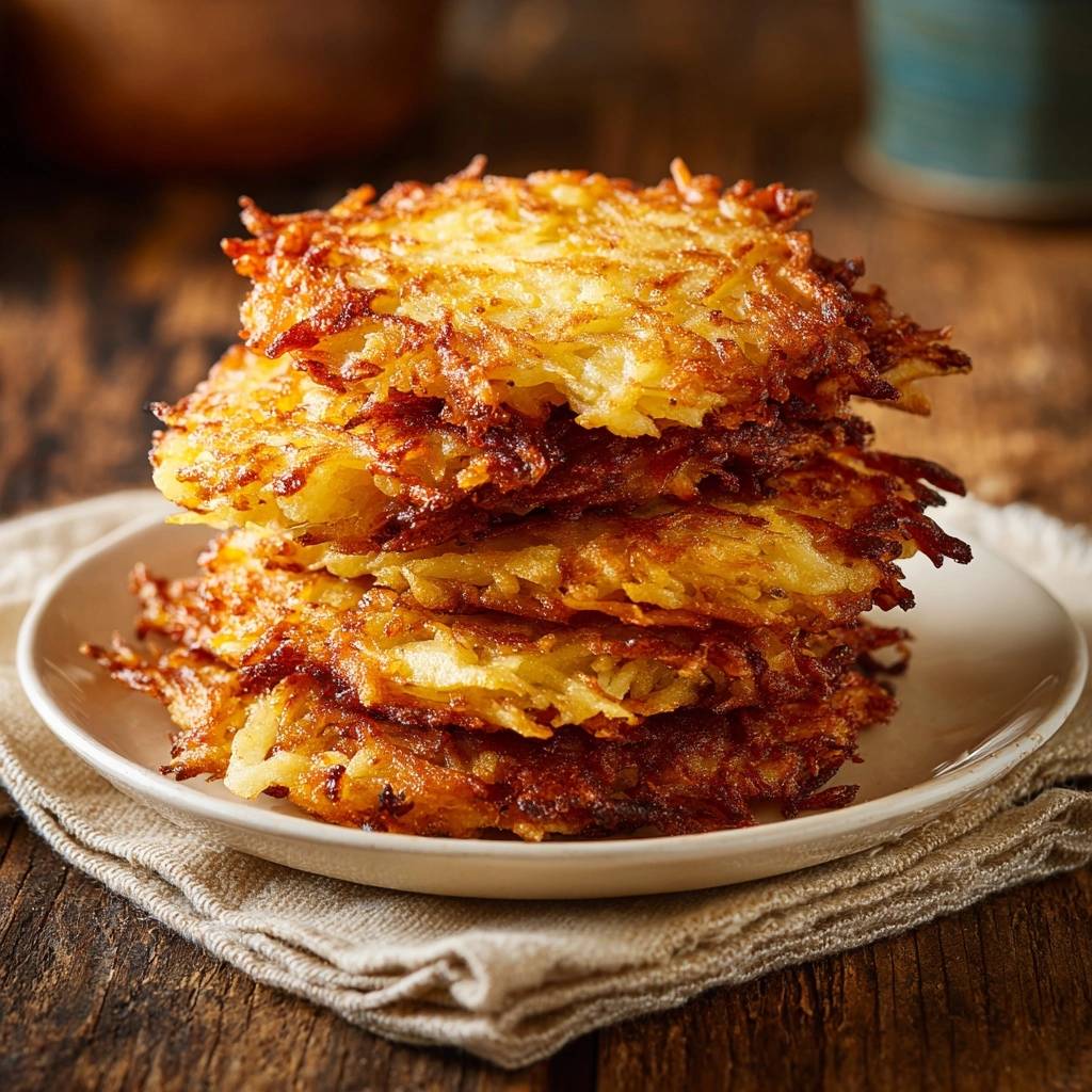 Knusprige Kartoffelpuffer, gestapelt auf einem Teller, zeigen ihre goldbraune, knusprige Textur und köstliche Schichten. Die perfekte Beilage für jede Mahlzeit.