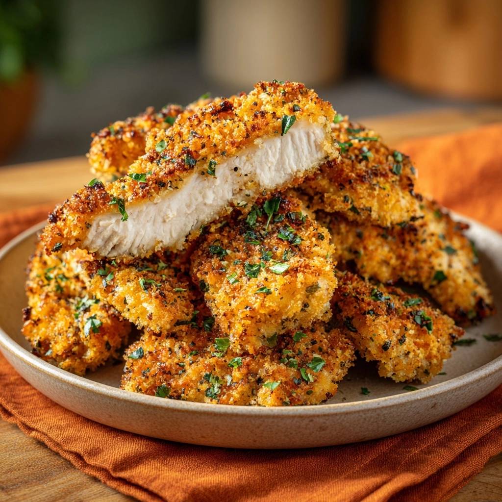 Knusprige Kraeuter Haehnchen Tenders Querschnitt 1 Knusprige Kräuter-Hähnchen-Tenders mit einem saftigen Querschnitt, der die knusprige Panade und das zarte Hähnchenfleisch zeigt.