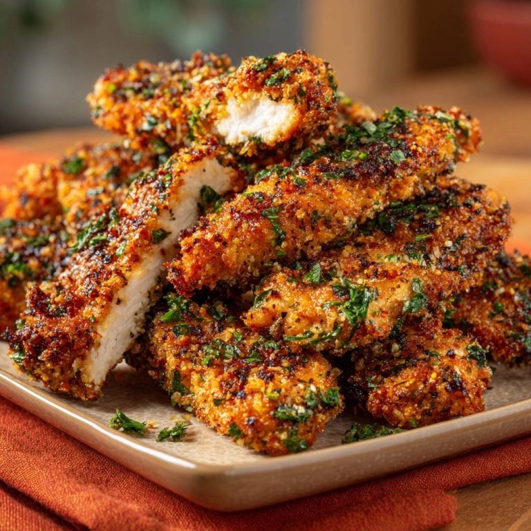 Knusprige Kräuter-Hähnchen-Tenders im Nahaufnahme-Querschnitt, die eine saftige Innenseite und knusprige Kruste offenbaren.