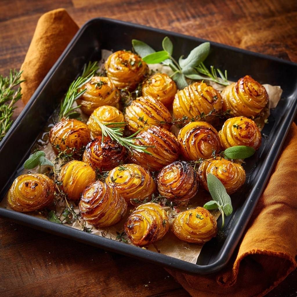 Knusprige Kräuter-Spiralkartoffeln in einer schwarzen Backform, von oben fotografiert, mit frischen Kräutern dekoriert. Die Kartoffeln sind goldbraun gebacken.