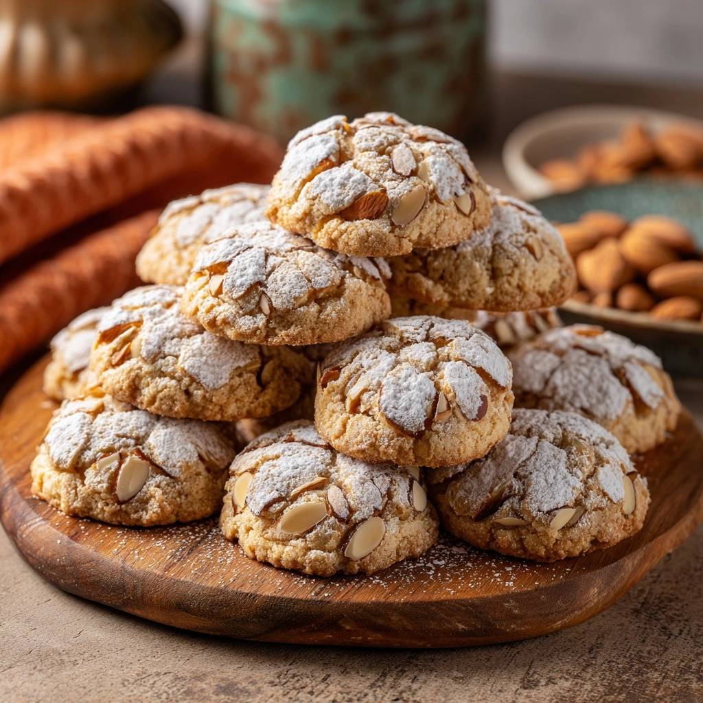 Knusprige Mandelkekse, serviert auf einem rustikalen Holzbrett, laden zum Naschen ein. Die mandelbedeckten Kekse sind mit Puderzucker bestäubt.
