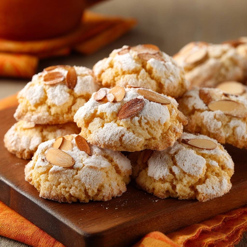 Knusprige Mandelkekse Nahaufnahme Mit Mandelsplittern 1 Knusprige Mandelkekse in Nahaufnahme, verziert mit Mandelblättchen und Puderzucker auf einem Holzbrett angerichtet.