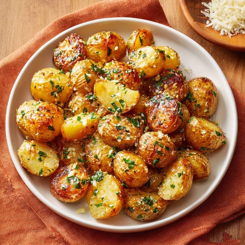 Knusprige Parmesan Babykartoffeln Draufsicht Serviert 1 Knusprige Parmesan-Babykartoffeln, serviert in einer weißen Schüssel, garniert mit frischer Petersilie und Knoblauch, sind perfekt als Beilage.
