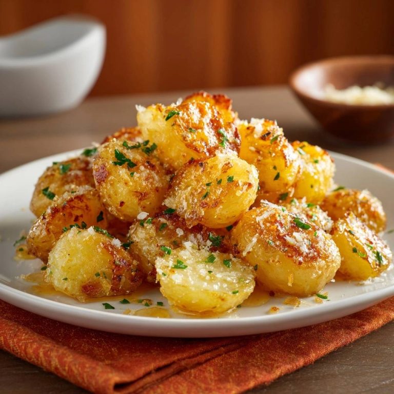 Knusprige Parmesan-Babykartoffeln, serviert auf einem weißen Teller, sind mit frisch geriebenem Parmesan und Kräutern garniert.