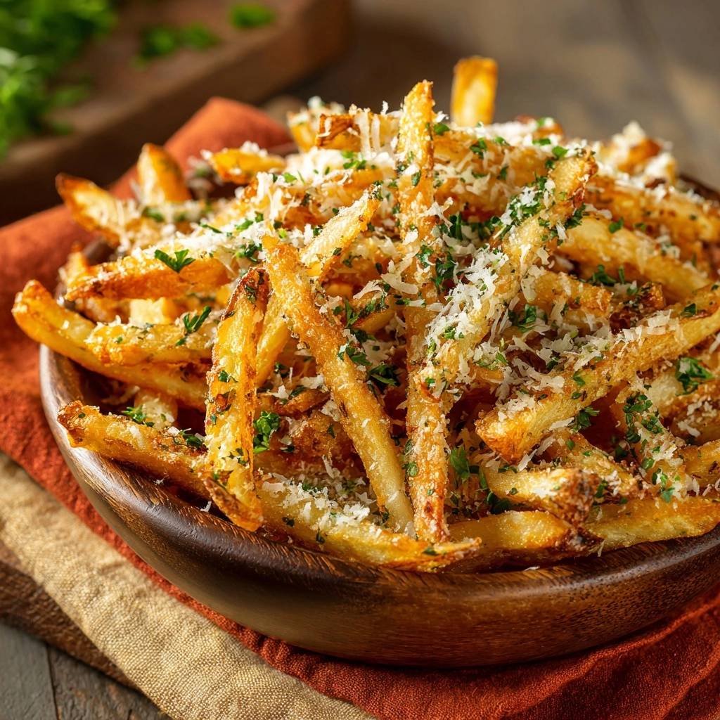 Knusprige Parmesan Petersilie Pommes Serviert 1 Knusprige Parmesan-Petersilie-Pommes serviert in einer Holzschale. Die Pommes sind mit Parmesan und frischer Petersilie garniert.