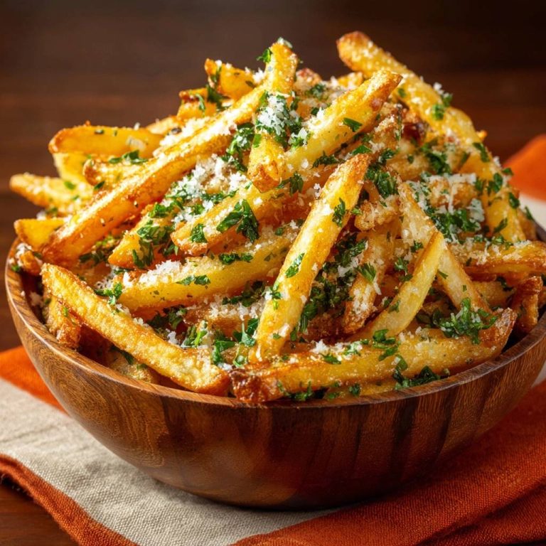 Knusprige Parmesan-Petersilie-Pommes serviert in einer Holzschale, garniert mit frischer Petersilie und Parmesan, angerichtet auf einem Tisch.