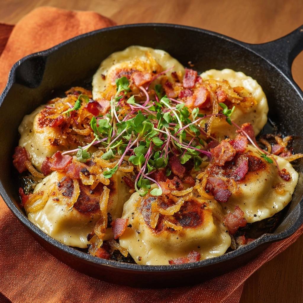 Knusprige Pfannen-Pierogi mit Räuchertofu und Zwiebeln, serviert in einer gusseisernen Pfanne, garniert mit frischen Sprossen und knusprigem Speck.