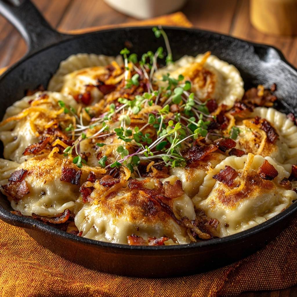 Knusprige Pfannen-Pierogi mit Räuchertofu und Zwiebeln, serviert in einer gusseisernen Pfanne, garniert mit knusprigen Zwiebeln und frischen Sprossen.