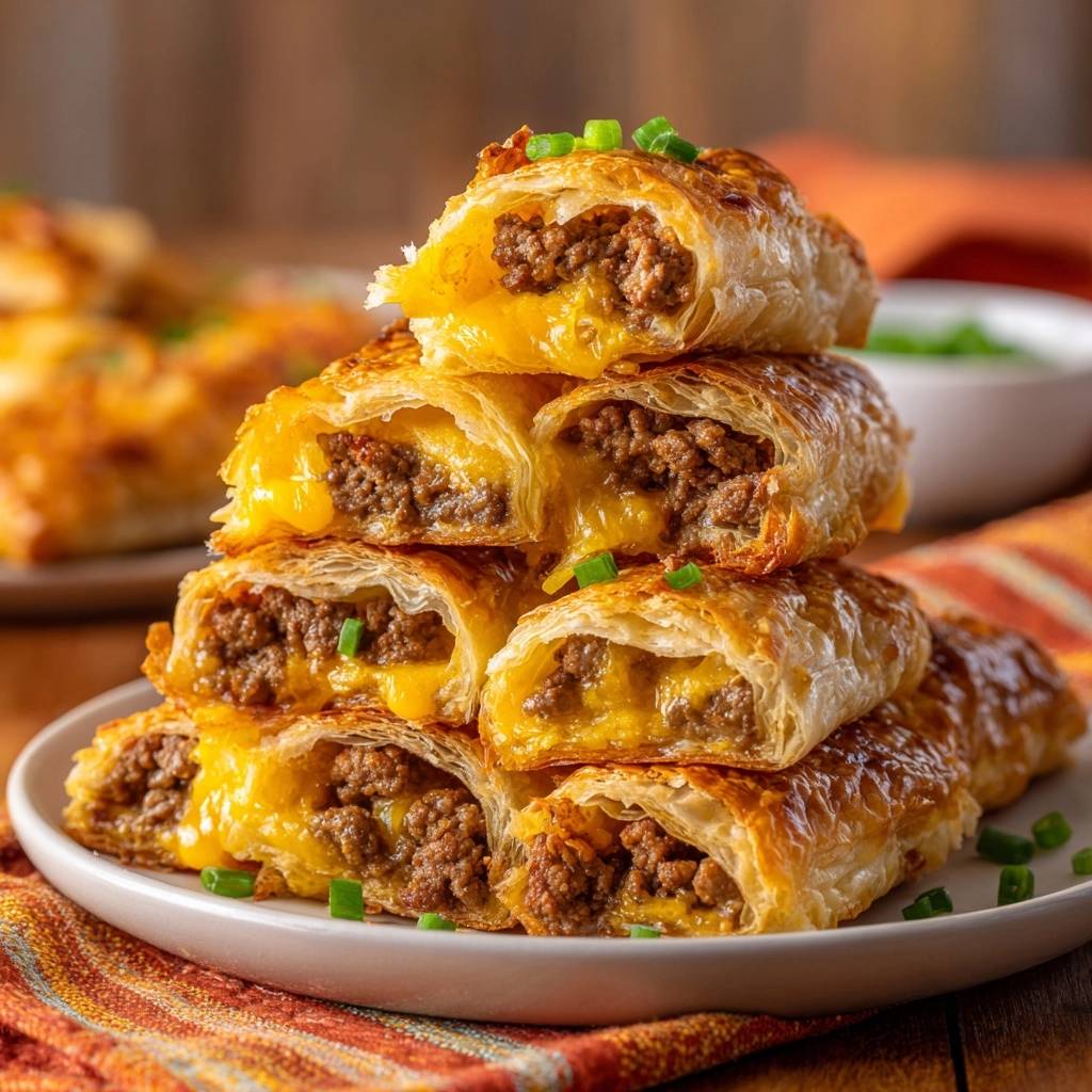 Knusprige Rinderhack-Käse-Empanadas zeigen hier einen appetitlichen Querschnitt mit geschmolzenem Käse und herzhaftem Rinderhackfleisch.