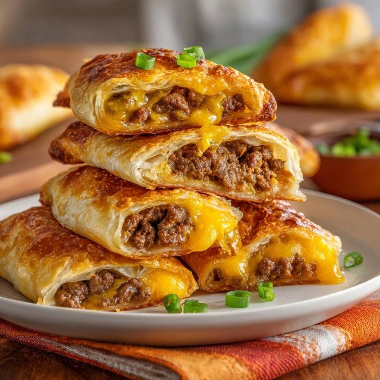 Knusprige Rinderhack-Käse-Empanadas mit einem appetitlichen Querschnitt, der die geschmolzene Käsefüllung und den herzhaften Hackfleischbelag zeigt.