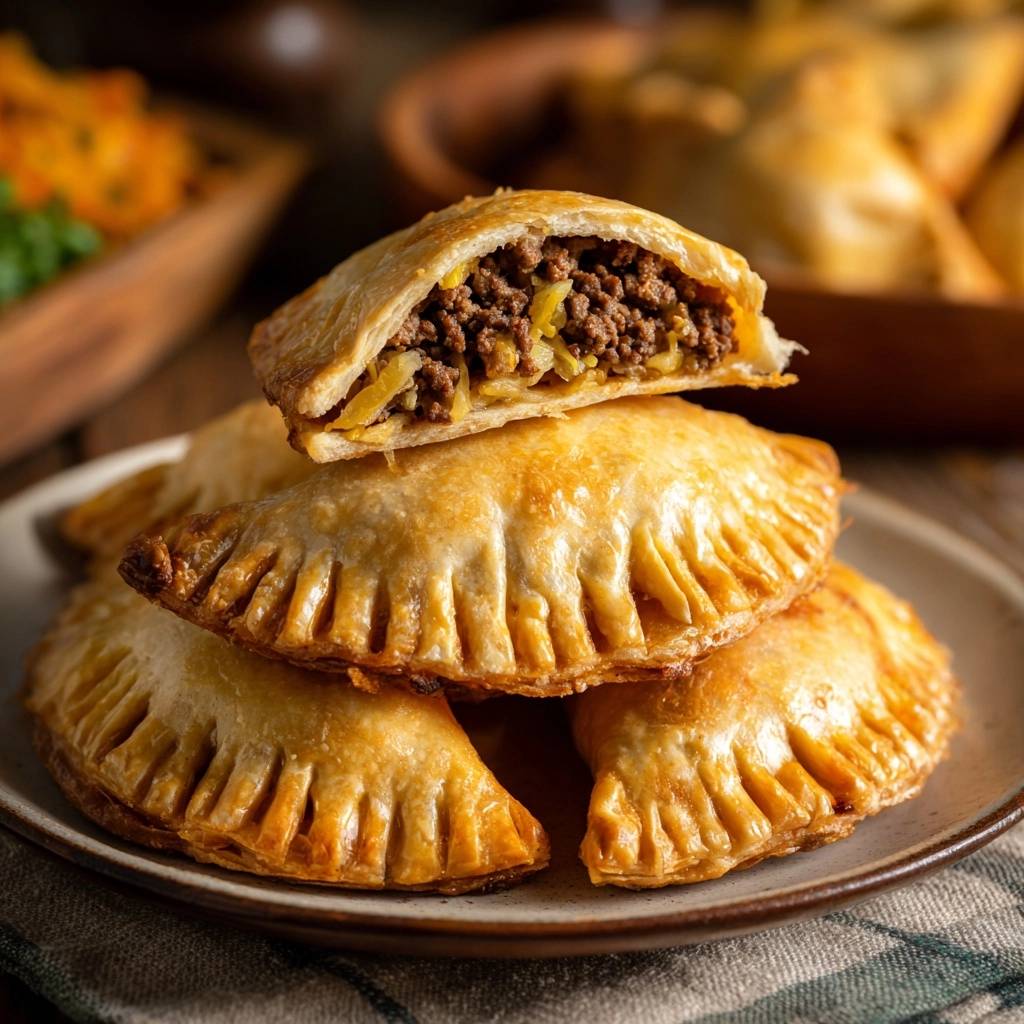Knusprige Rindfleisch-Empanadas mit Sauerkraut: Ein saftiger Querschnitt zeigt die herzhafte Füllung aus Hackfleisch und Sauerkraut.