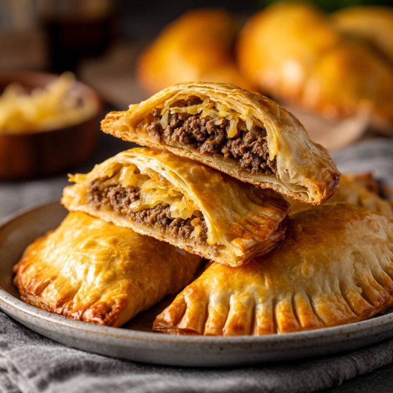 Knusprige Rindfleisch-Empanadas mit Sauerkraut: Ein Querschnitt zeigt die saftige Füllung aus Rindfleisch und Sauerkraut, perfekt gebacken.